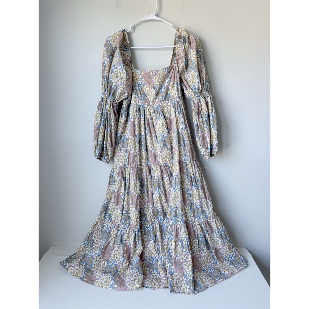 STORIA‎ Ivory Purple Yellow Floral Daisies Square Neck Maxi Dress S Cotton